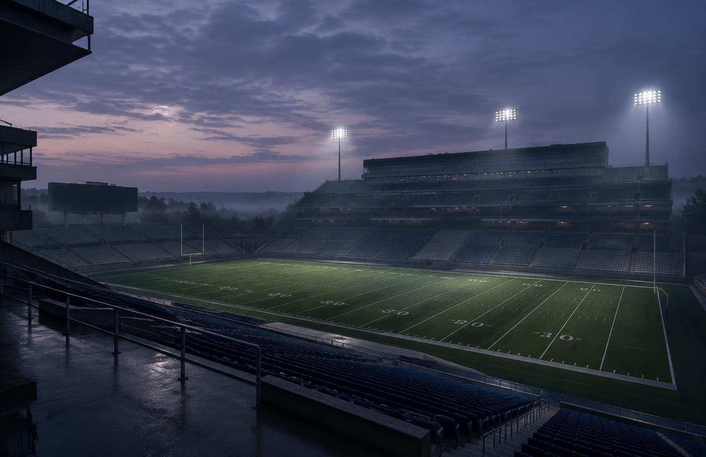 An empty college football stadium under twilight floodlights